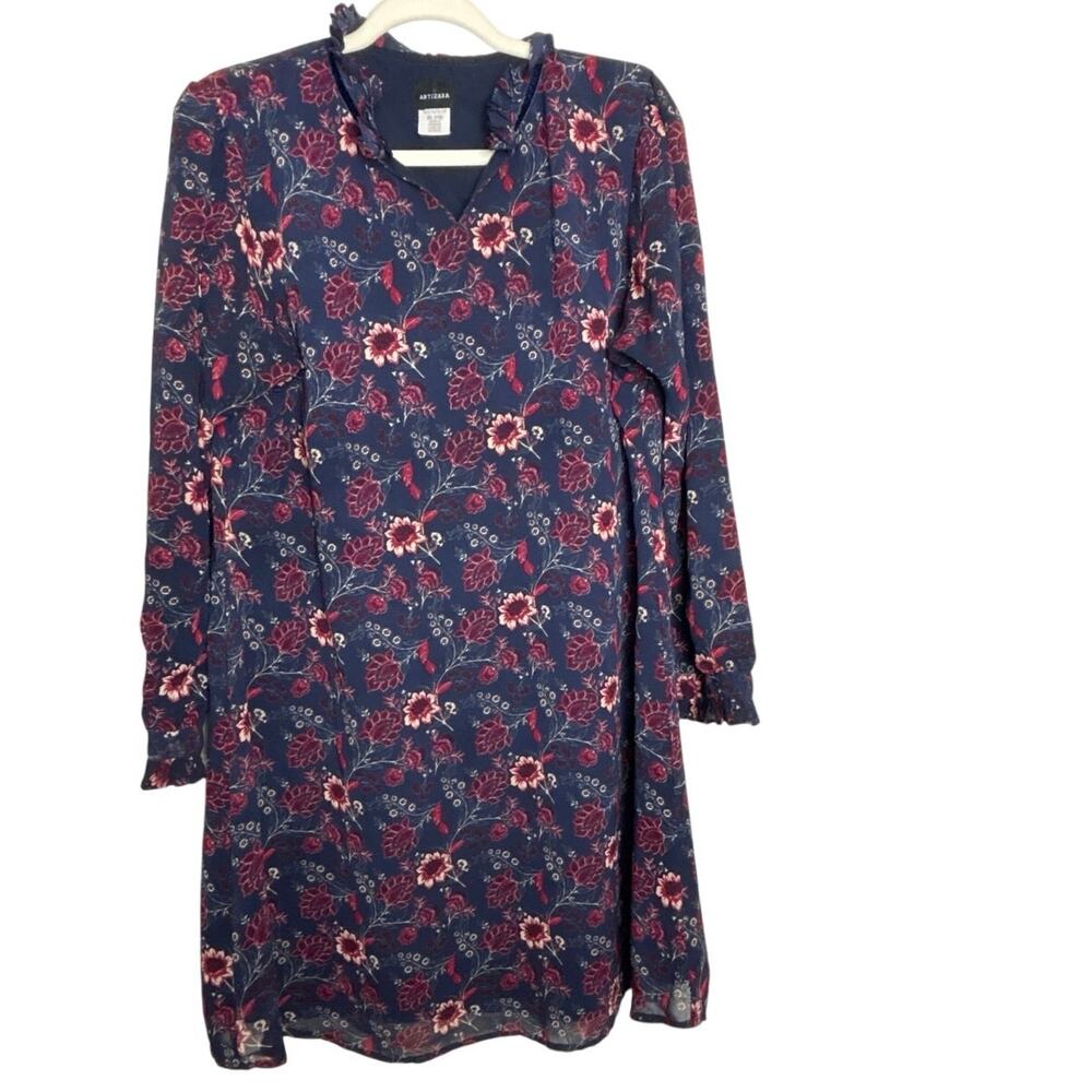 Artizara Floral Modest Dress XL 12 Navy Burgundy Ruffle Sleeve Boho